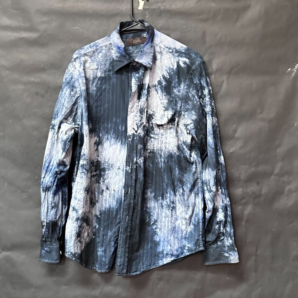 Tasso Elba  Shirt Tie Dye Size Medium Cotton Dress Button Down Long Sleeve Blue
